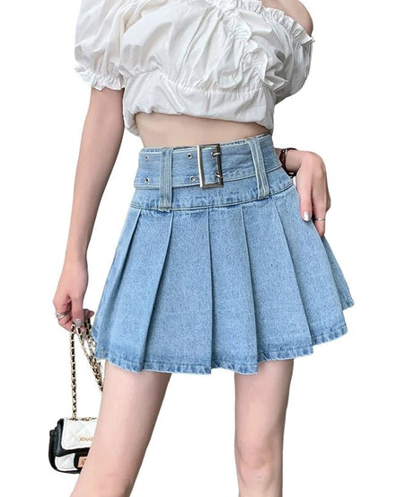 Belted Denim Mini Skirt - Denim Skirt