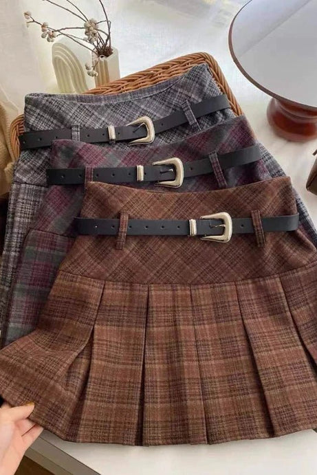 Belted Plaid Pleated Skirt - 