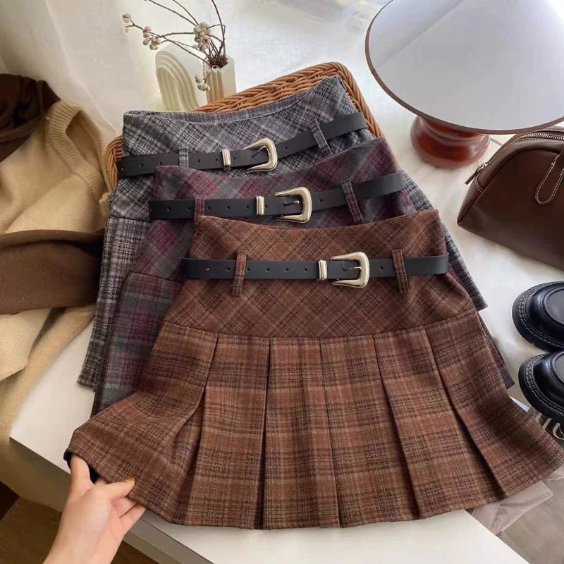 Belted Plaid Pleated Skirt - 