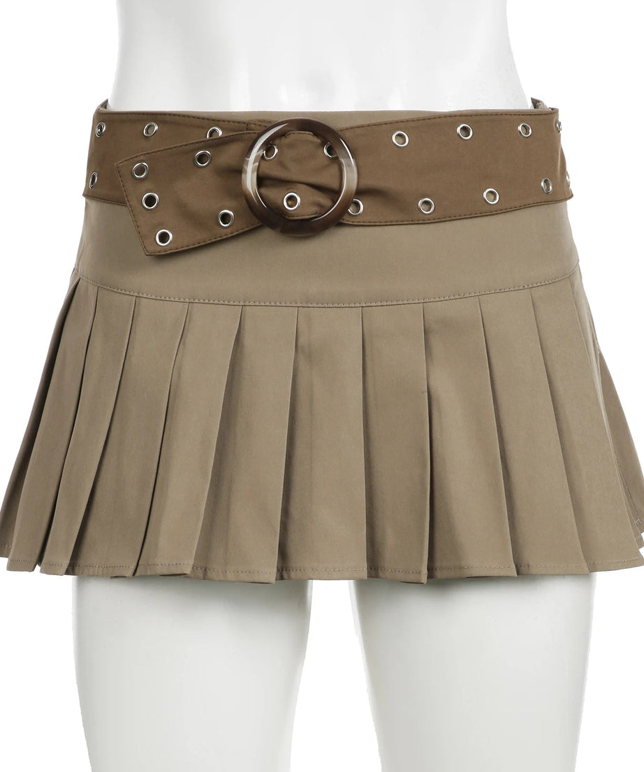 Belted Pleated Mini Skirt - 