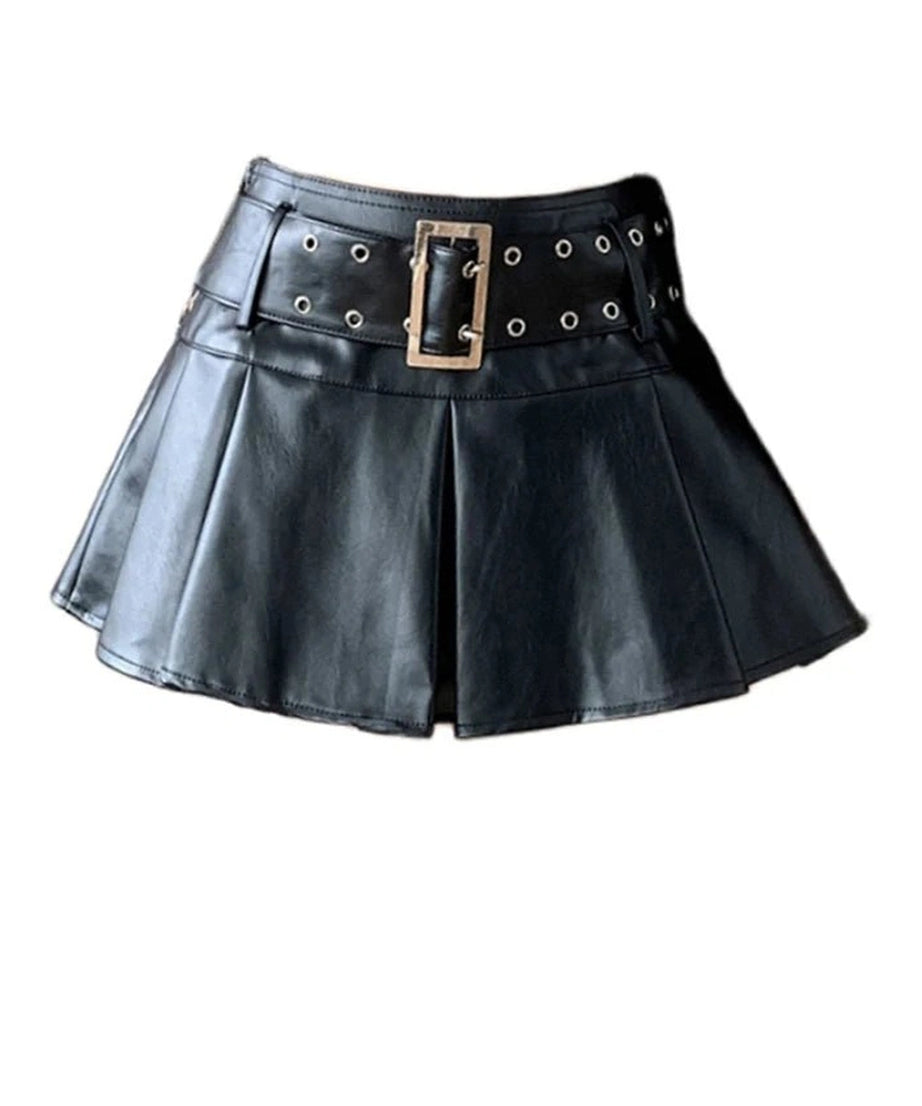 Black Belted Pleated Mini Skirt - Skirts