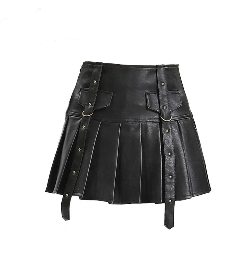 Black Buckled Pleated Mini Skirt - Skirts