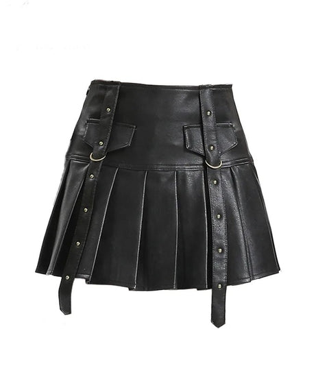 Black Buckled Pleated Mini Skirt - Skirts