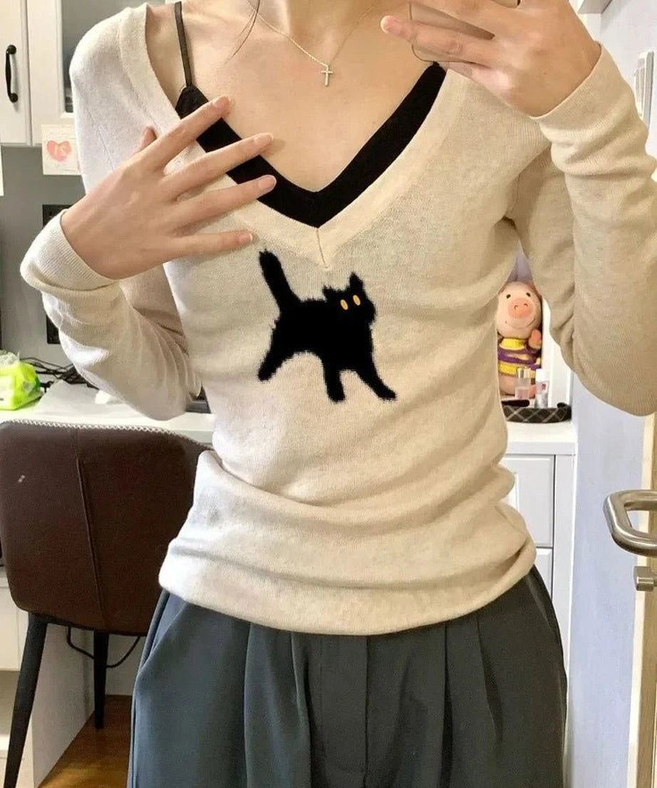 Black Cat V - Neck Sweater - Sweaters