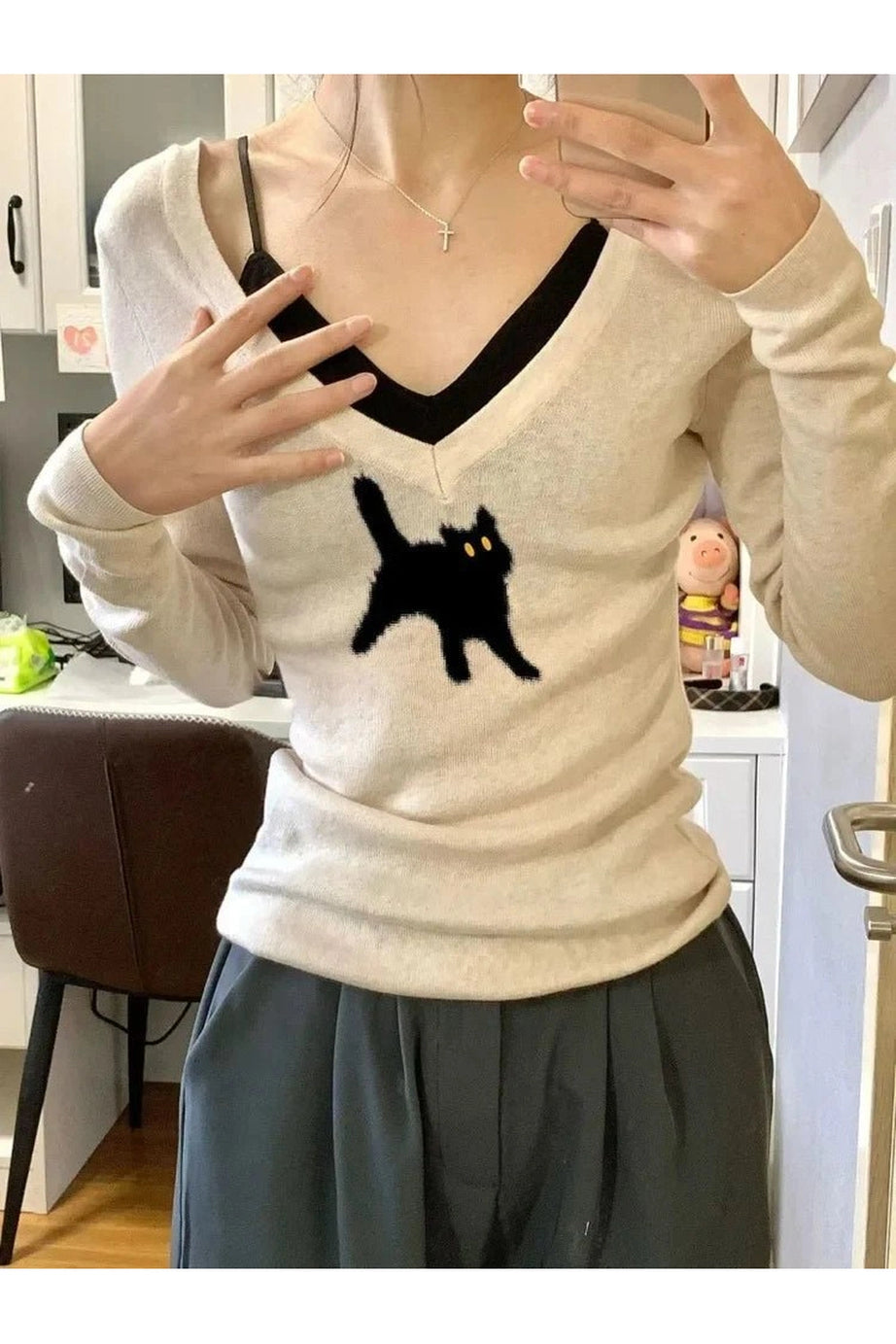 Black Cat V - Neck Sweater - Sweaters