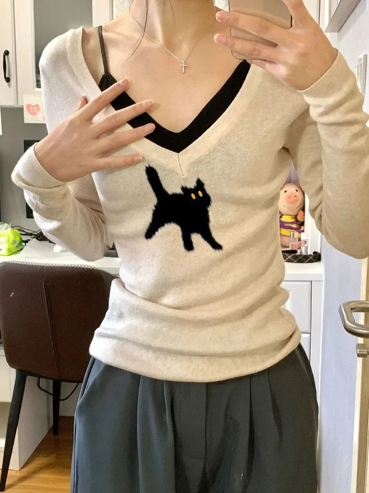 Black Cat V - Neck Sweater - Sweaters