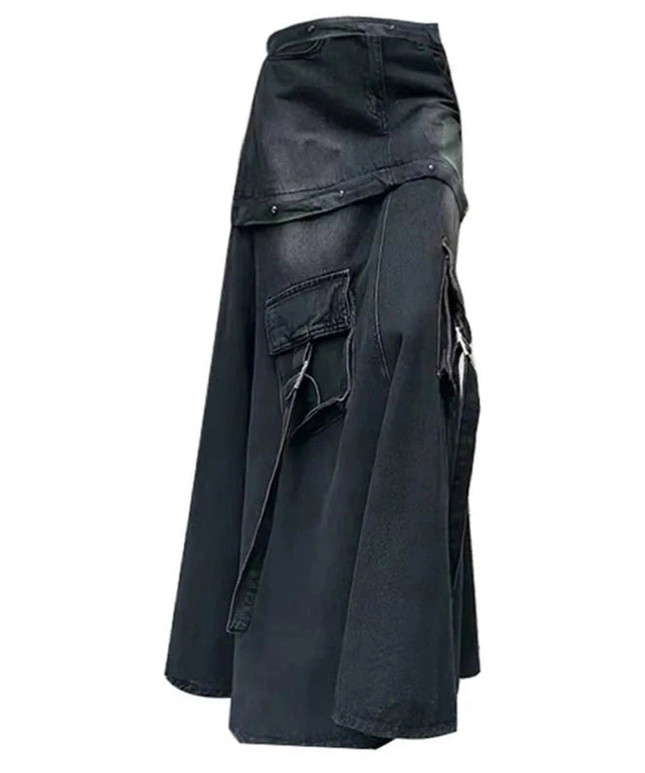 Black Denim A - Line Skirt - Denim Skirt