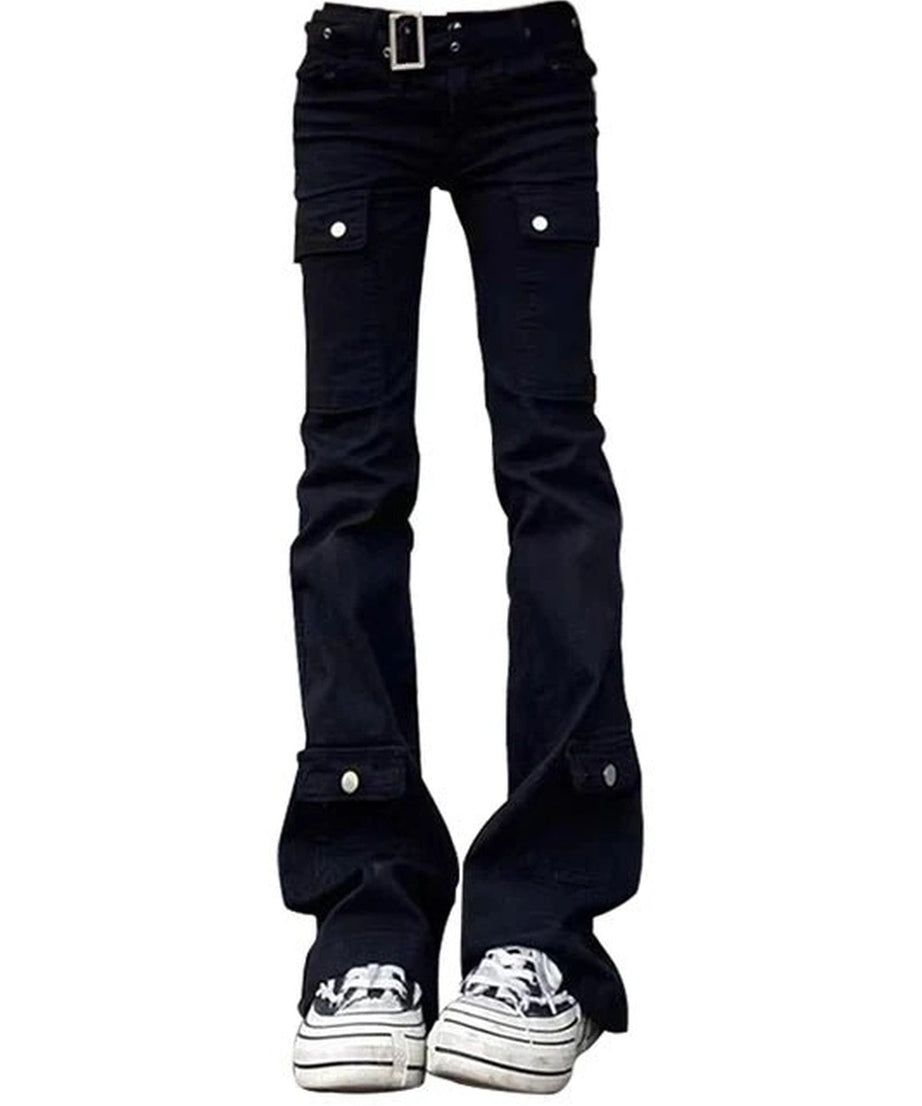 Black Gothic Flare Cargo Jeans -