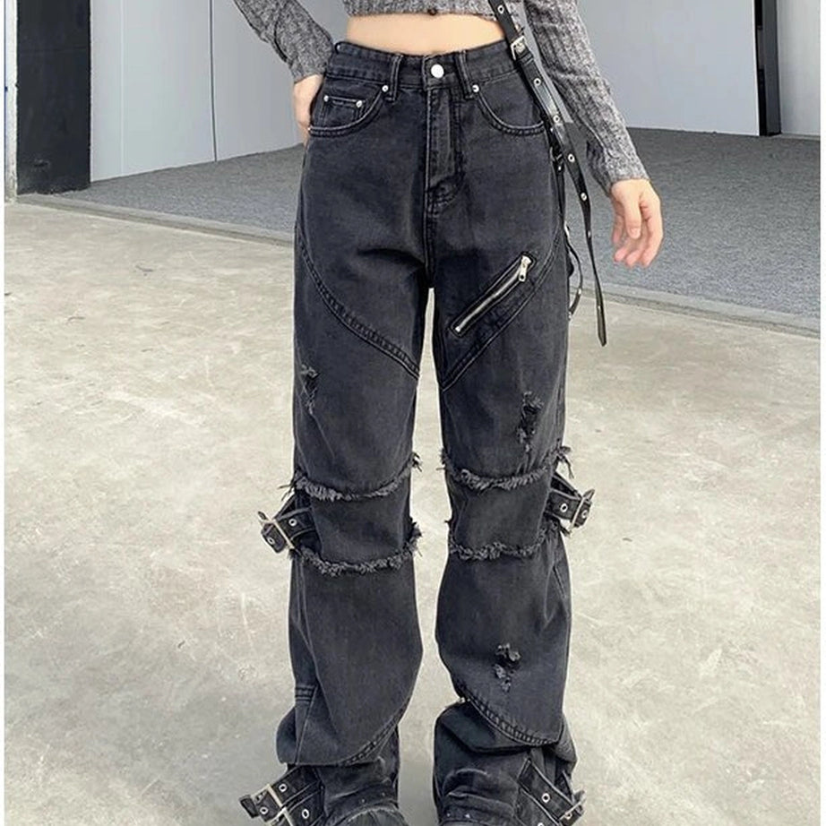 Black Gothic Y2K Denim Pants Black Shoptery