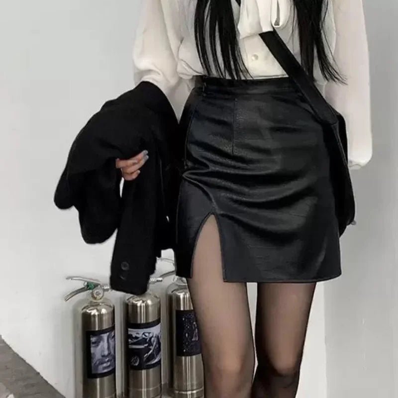 Black Leather Split Mini Skirt -
