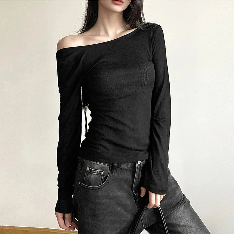 Aesthetic Black Off-Shoulder Ribbed Top Shoptery