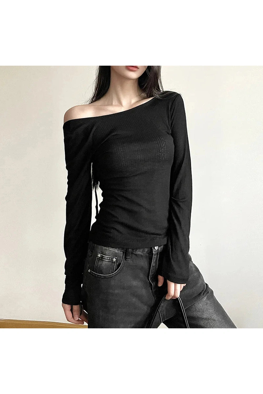 Aesthetic Black Off-Shoulder Ribbed Top Shoptery