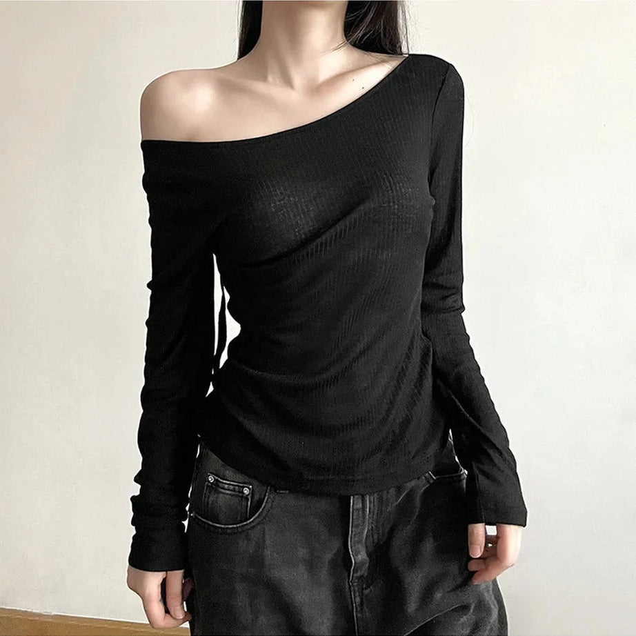 Aesthetic Black Off-Shoulder Ribbed Top Shoptery