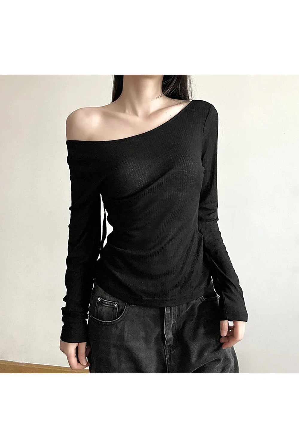Aesthetic Black Off-Shoulder Ribbed Top Shoptery