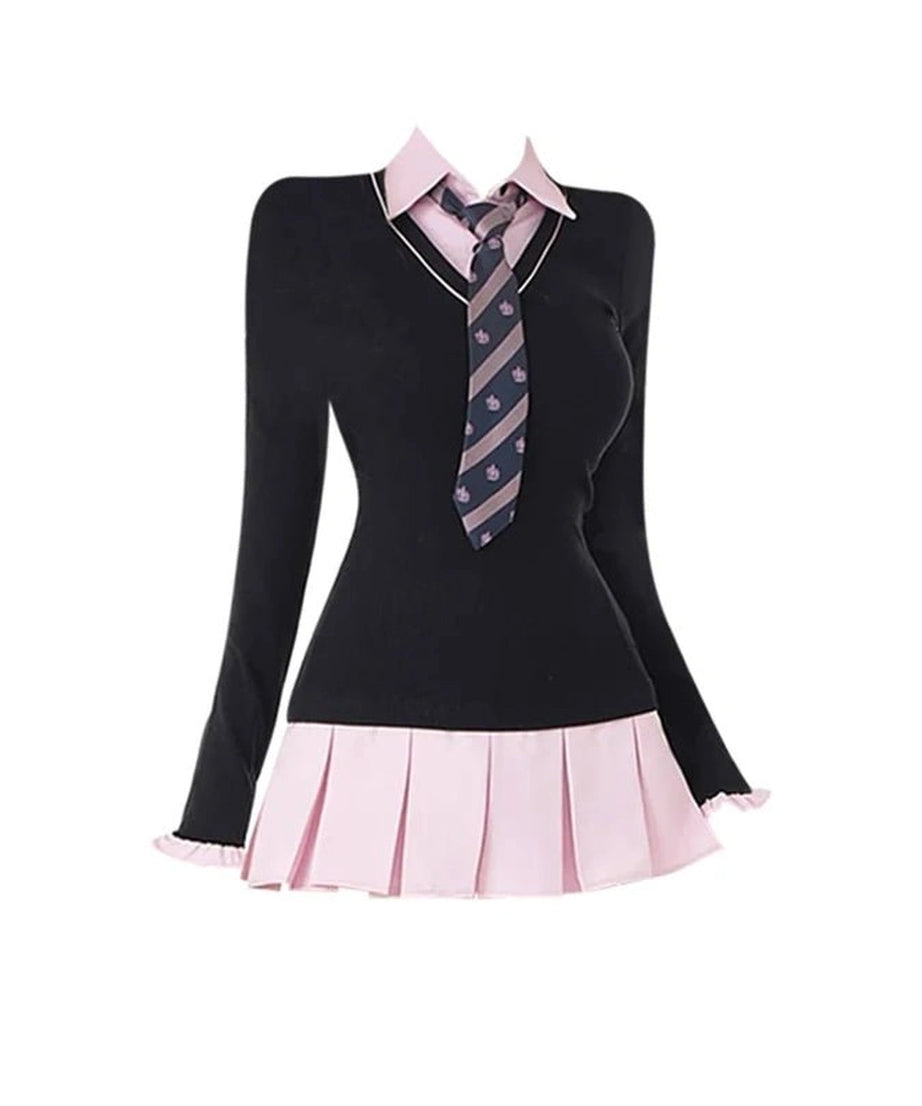 Black Pink Preppy Dress - Dresses