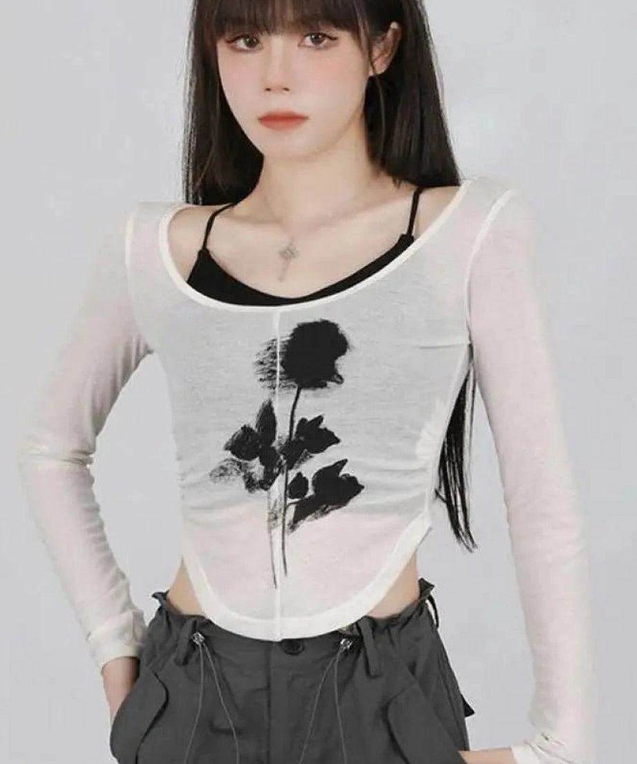 Black Rose Sheer Layered Top - Shirts & Tops