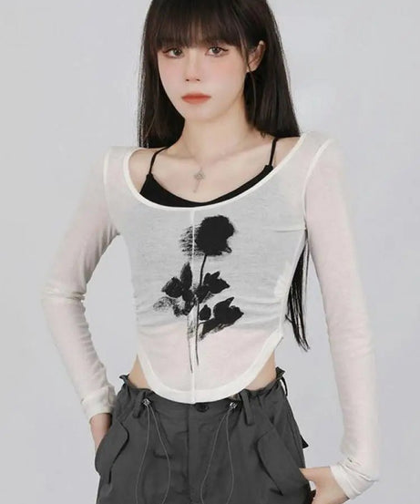 Black Rose Sheer Layered Top - Shirts & Tops