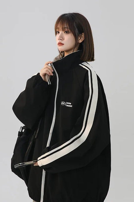 Black Striped Oversized Track Jacket - Coats & Jackets