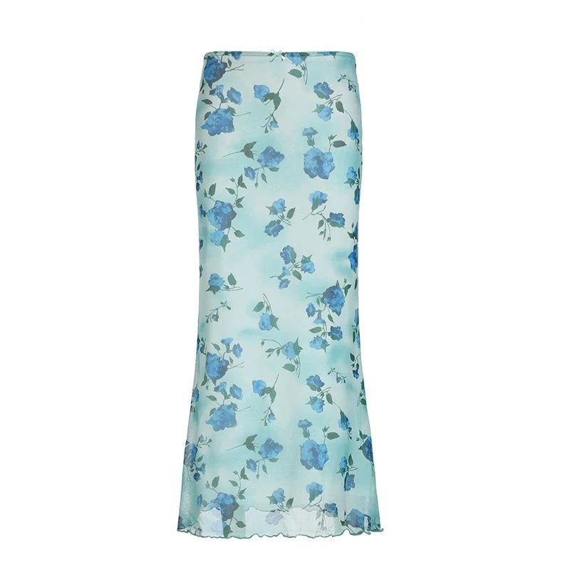 Blue Blossom Mesh Maxi Skirt - Skirts