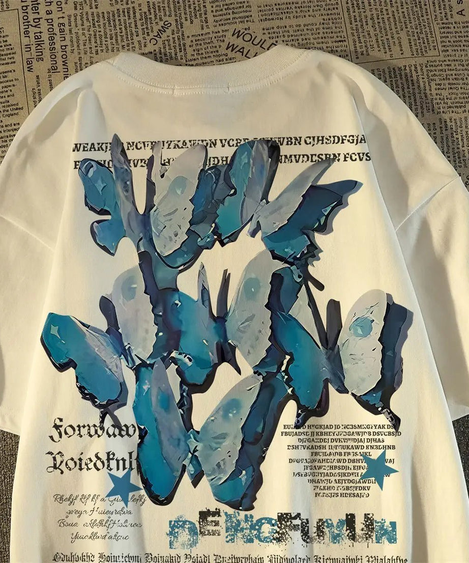 Blue Butterfly Graphic T - Shirt - T - Shirts