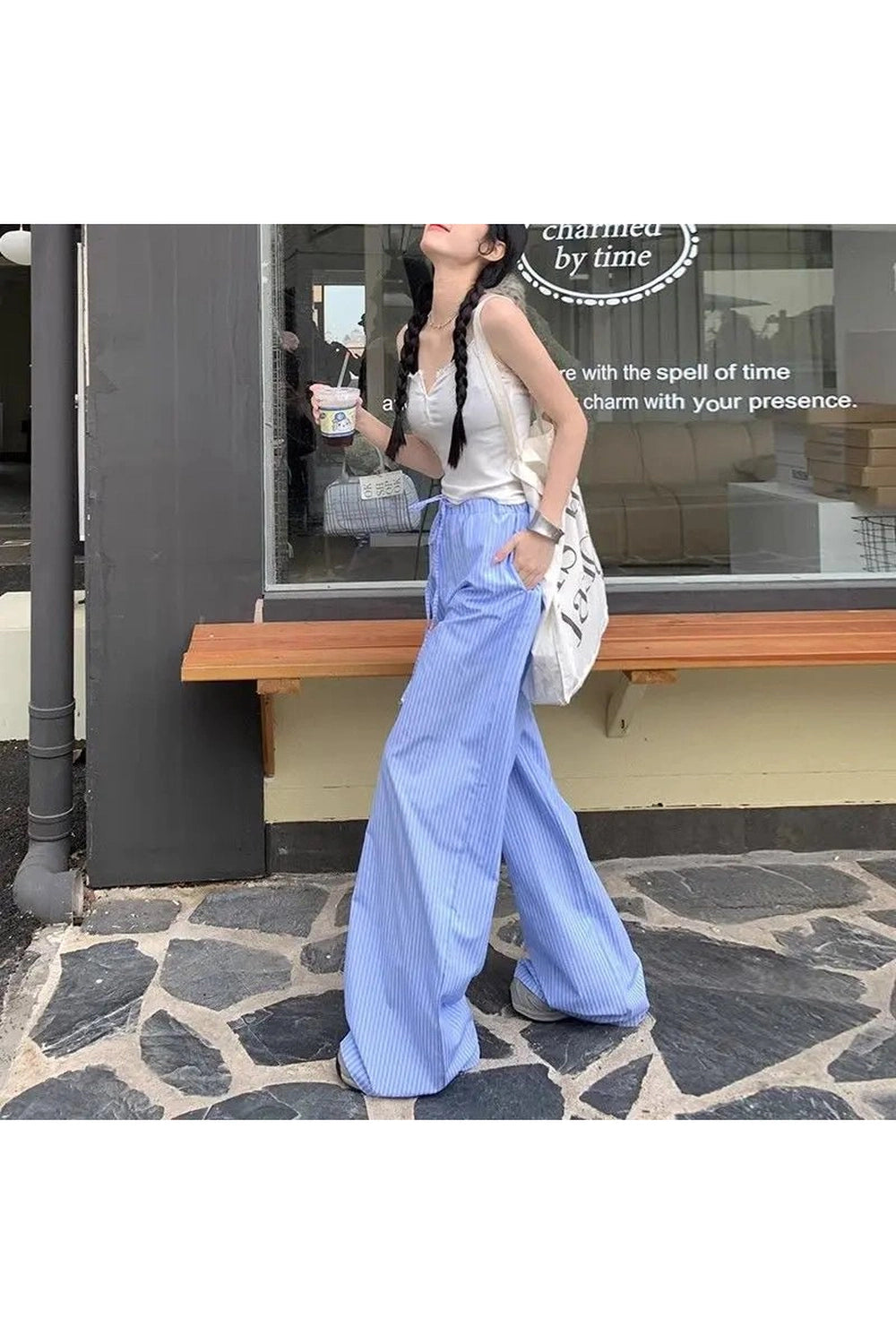Retro Blue Stripe Wide Leg Pants Shoptery
