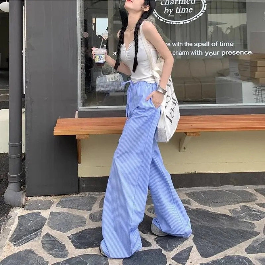 Retro Blue Stripe Wide Leg Pants Shoptery