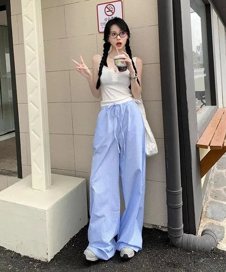 Blue Stripe Wide Leg Pants - Pants