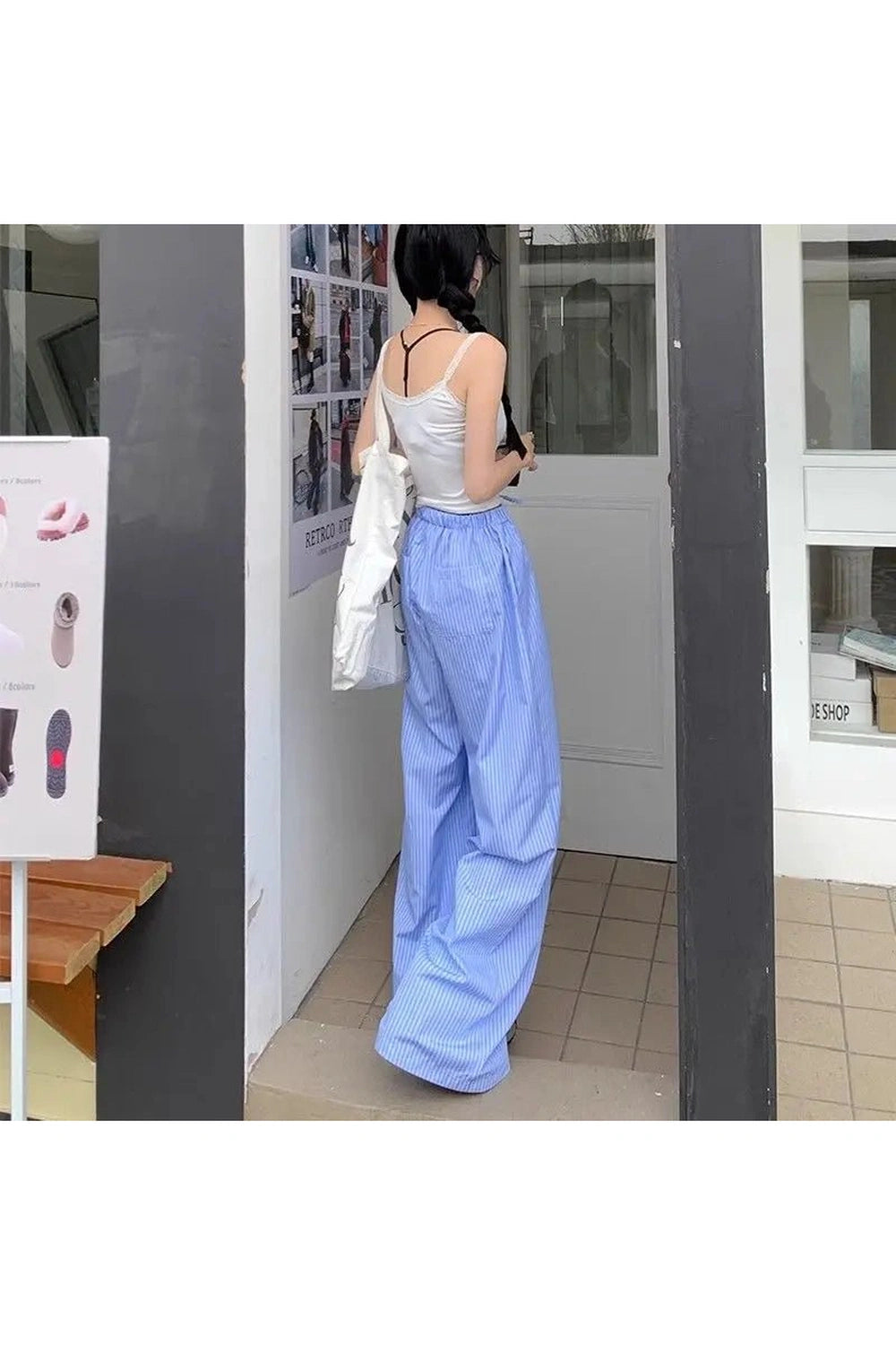 Retro Blue Stripe Wide Leg Pants Shoptery