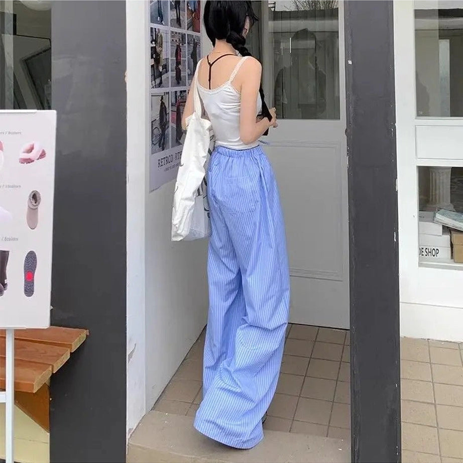 Retro Blue Stripe Wide Leg Pants Shoptery