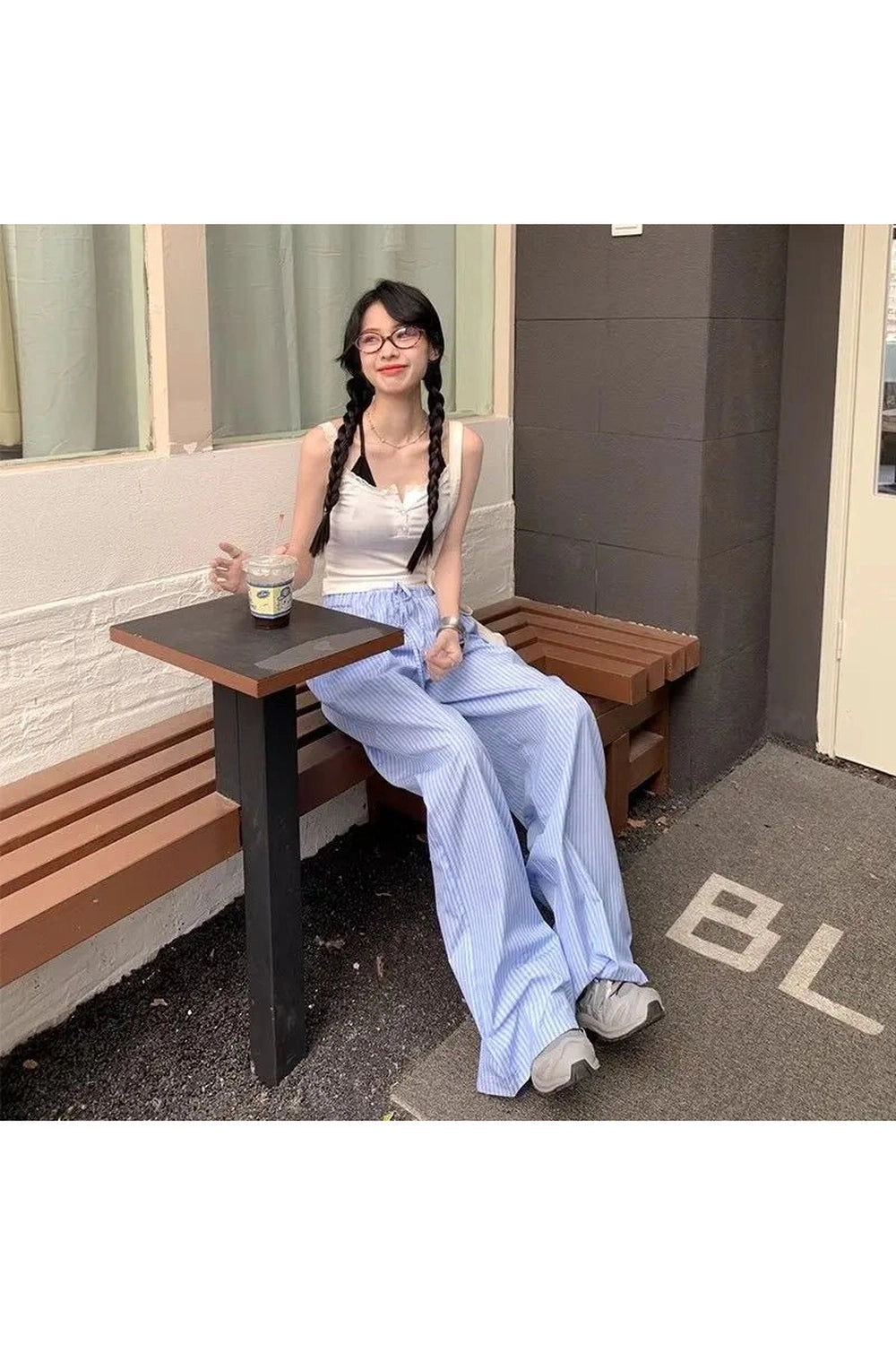 Retro Blue Stripe Wide Leg Pants Shoptery