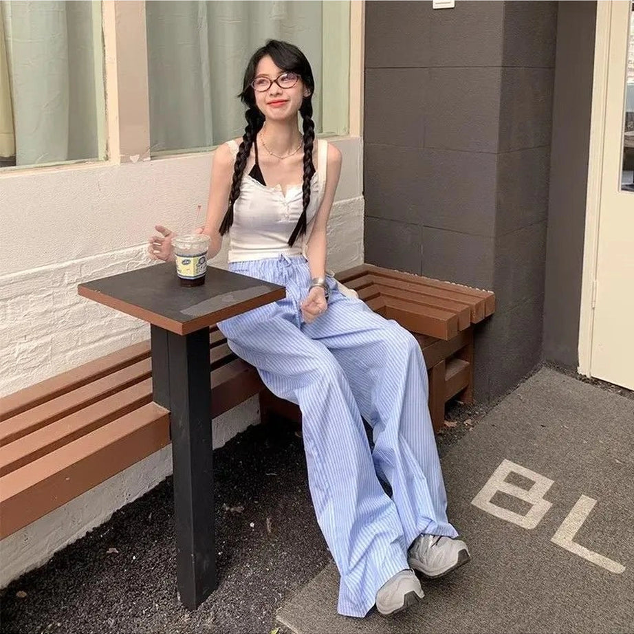 Retro Blue Stripe Wide Leg Pants Shoptery