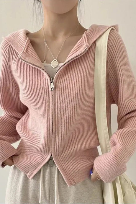 Blush Ribbed Zip - Up Hoodie - 