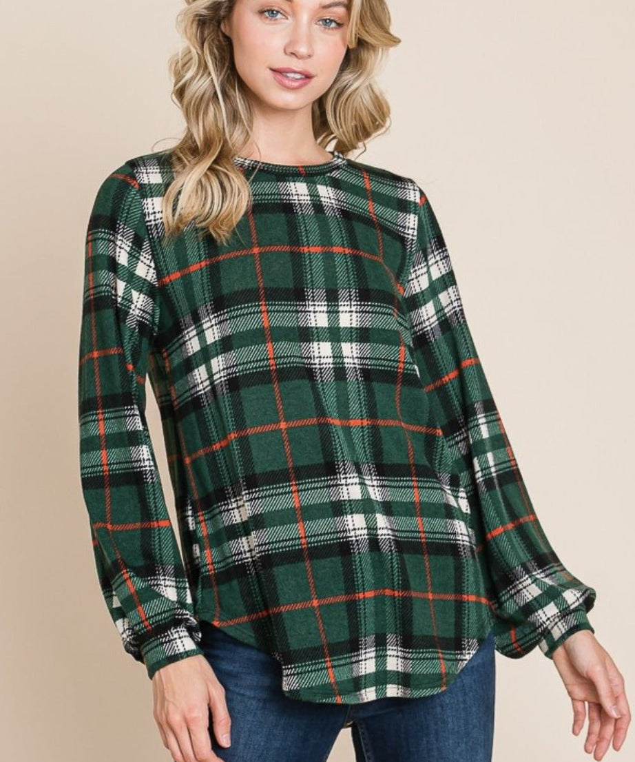 BOMBOM Curved Hem Plaid Round Neck Long Sleeve Top - test