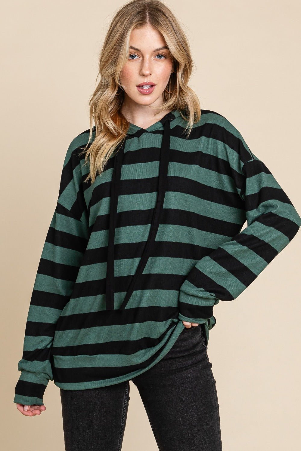 BOMBOM Drawstring Striped Dropped Shoulder Hoodie - test