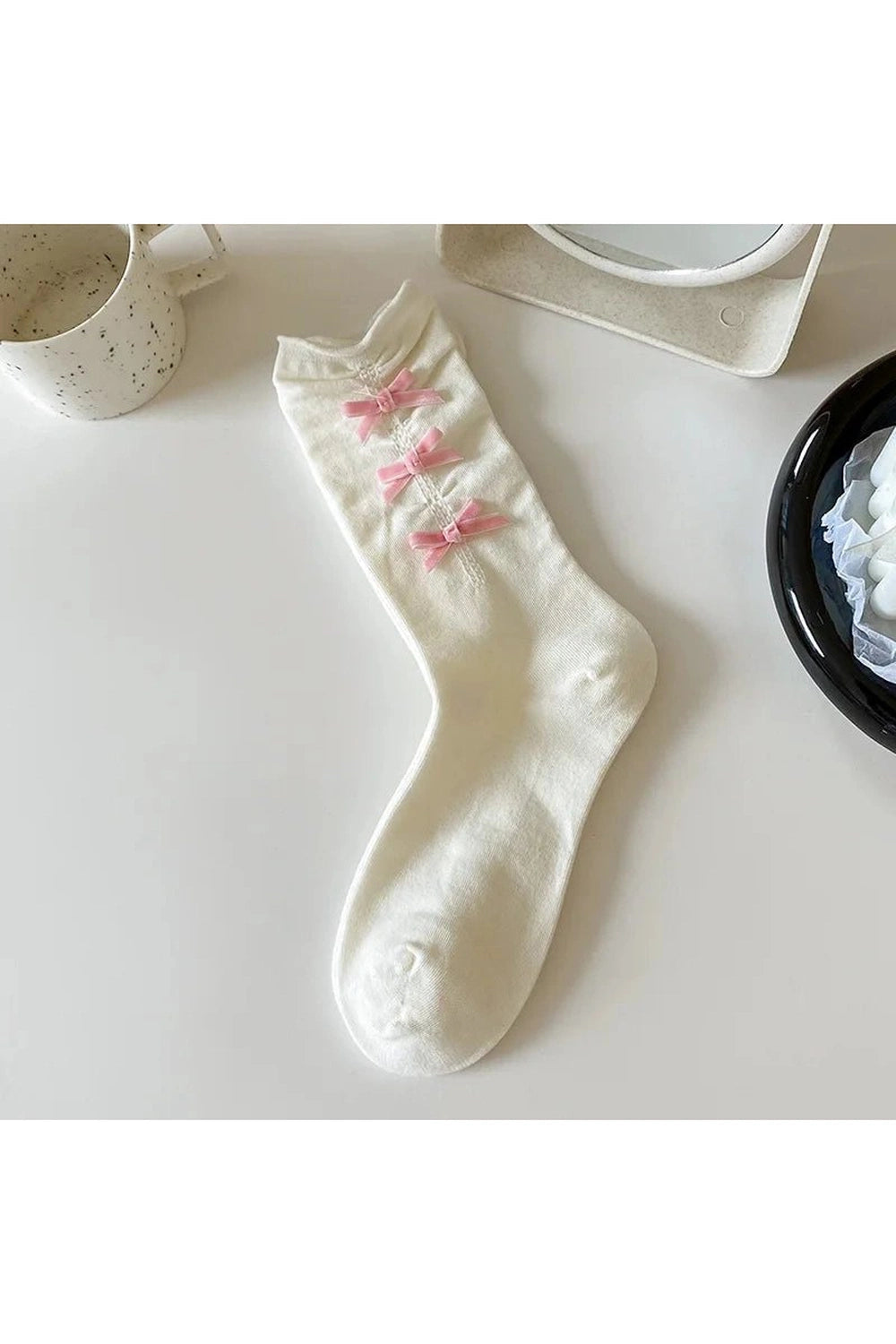 Coquette Bow Adorned Ankle Socks Pink Bow-Milky White EUR 34-39 Shoptery
