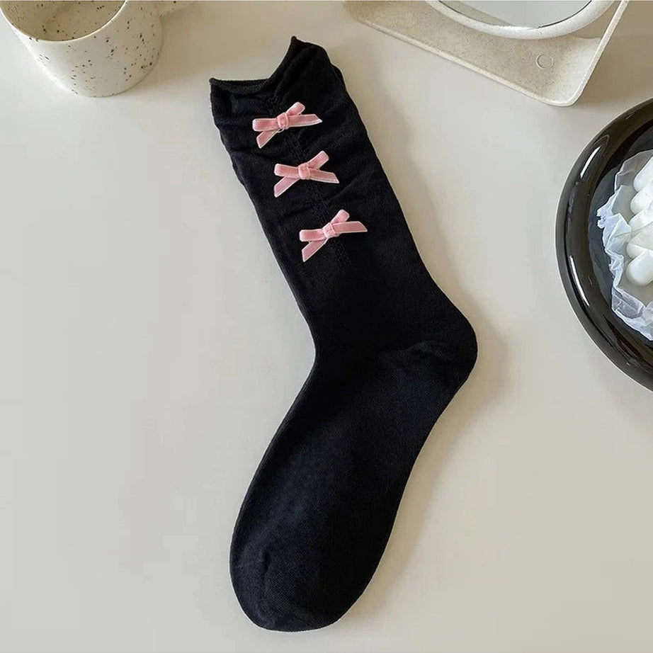 Coquette Bow Adorned Ankle Socks Pink Bow-Black EUR 34-39 Shoptery