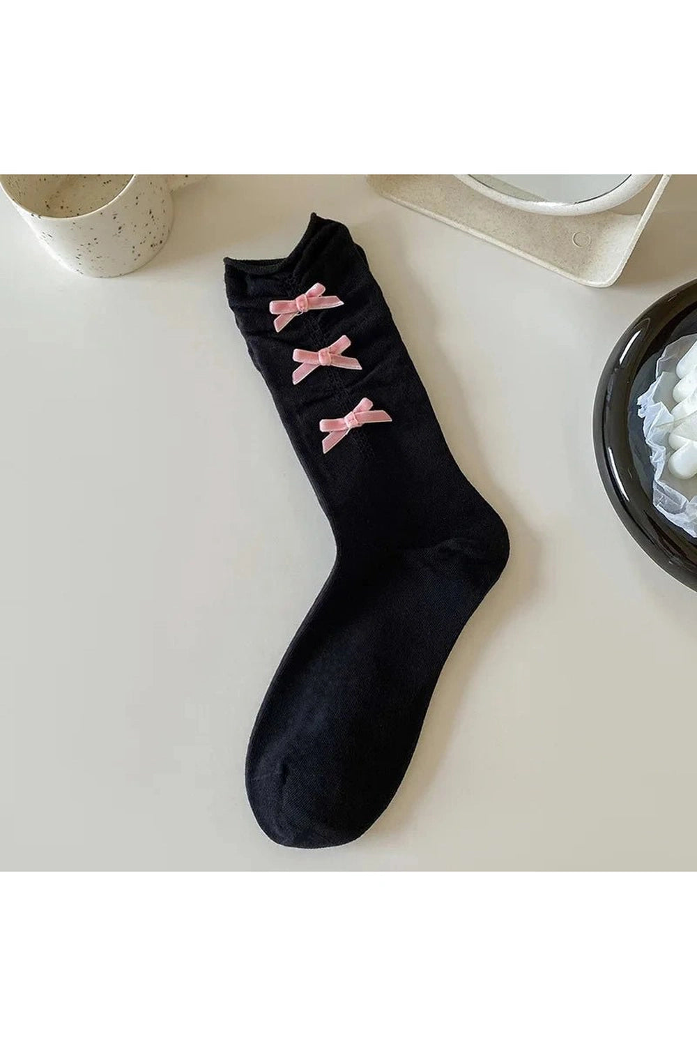 Coquette Bow Adorned Ankle Socks Pink Bow-Black EUR 34-39 Shoptery
