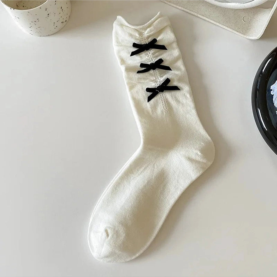 Coquette Bow Adorned Ankle Socks Black Bow-MilkyWhite EUR 34-39 Shoptery