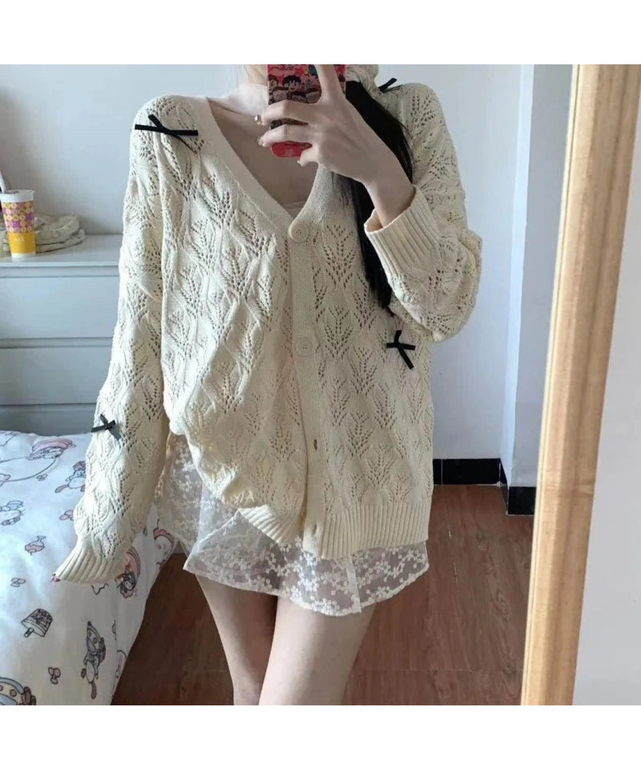 Bow - Embellished Lace Cardigan - Cardigans