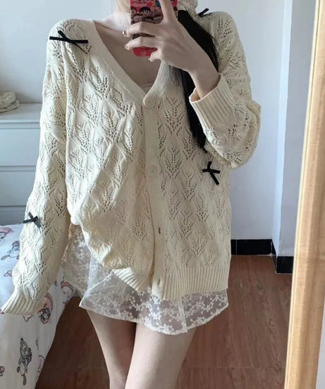 Bow - Embellished Lace Cardigan - Cardigans