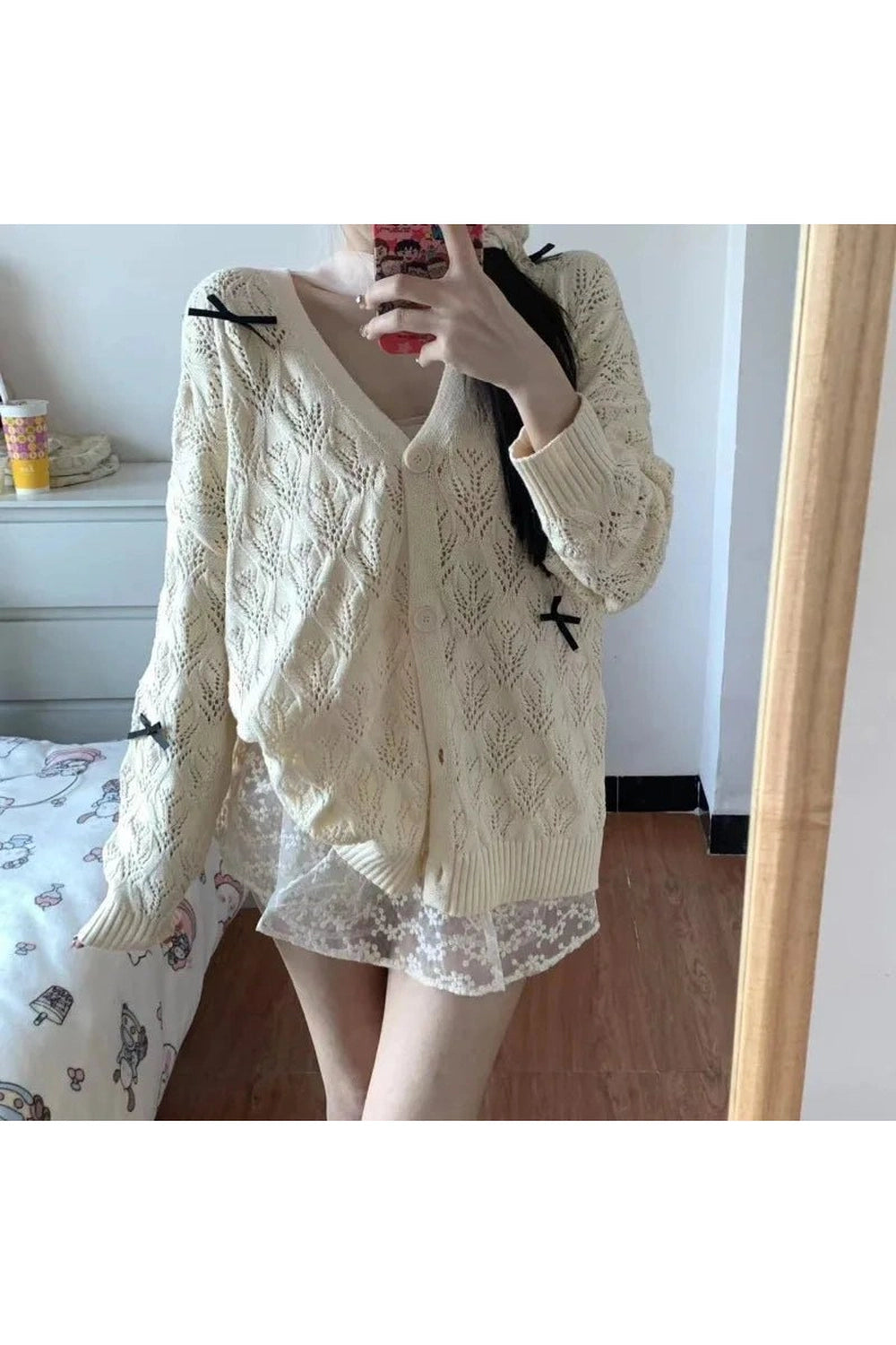 Bow - Embellished Lace Cardigan - Cardigans