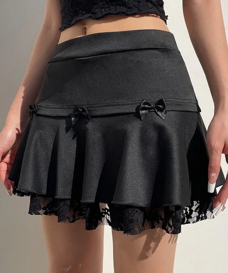 Bow Lace Hem Mini Skirt - Skirts