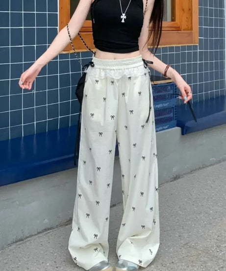 Bow Lace Trim Wide - Leg Pants - Pants