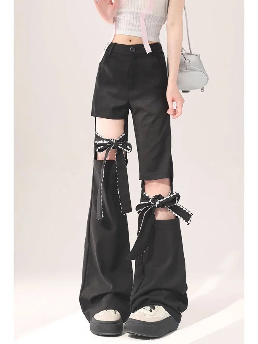 Kawaii Bow-Tied Cutout Layered Pants Black Shoptery