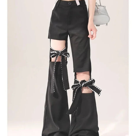 Kawaii Bow-Tied Cutout Layered Pants Black Shoptery