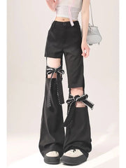 Kawaii Bow-Tied Cutout Layered Pants Black Shoptery