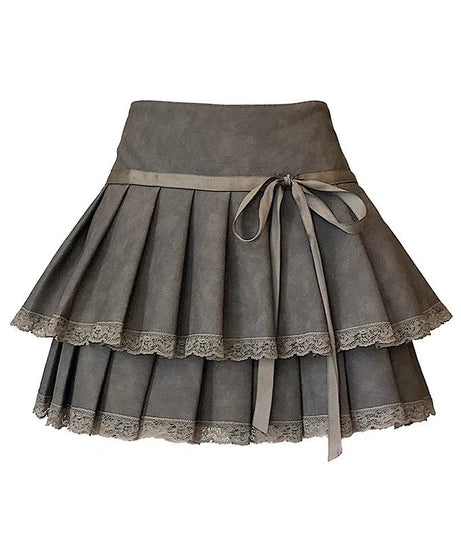 Bow - Tied Lace Pleated Mini Skirt - Skirts