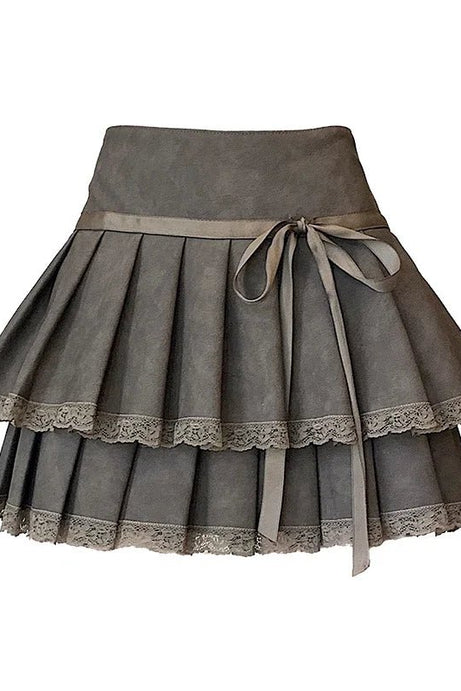 Bow - Tied Lace Pleated Mini Skirt - Skirts