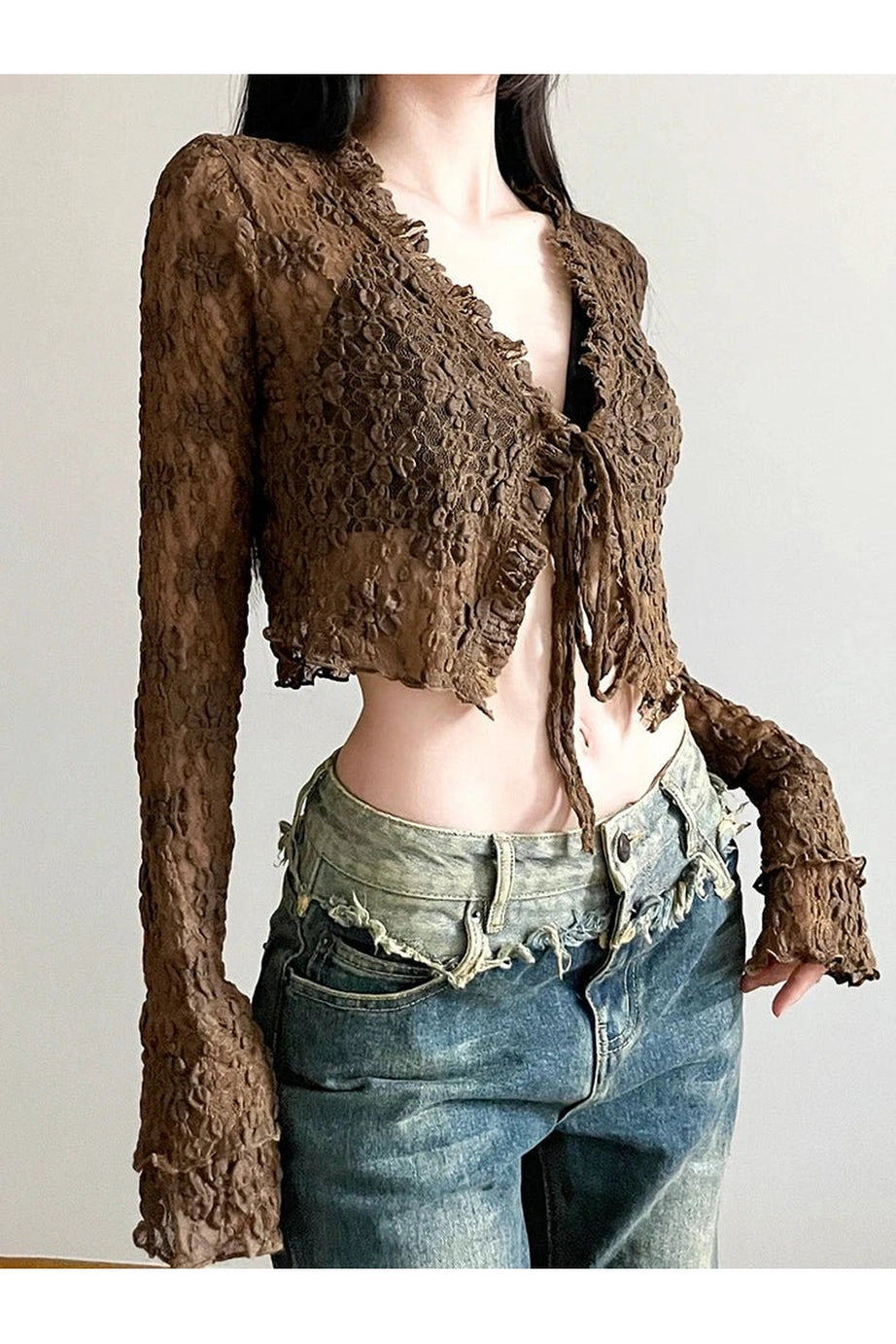 Brown Lace V - neck Shirt - Shirts