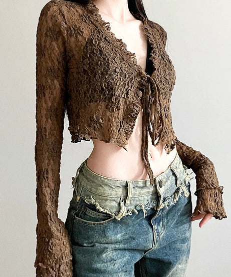 Brown Lace V - neck Shirt - Shirts